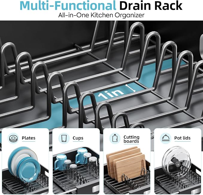 TOOLF Extendable Dish Drying Rack for Small Kitchen Counter, Black | 12.8-20.35 in, Unique Stainless Steel Design, Auto-Drainage, Perfect for Small Kitchens & Busy Kitchens