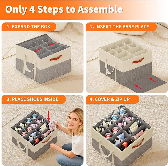 2 Pack Shoe Organizer for Closet, Stackable Shoe Storage Box, Beige & Grey | Fits up to 32 Pairs, Space Saving, Foldable, Shoes Organizer Bin with Clear Cover, 4 Reinforced Handles