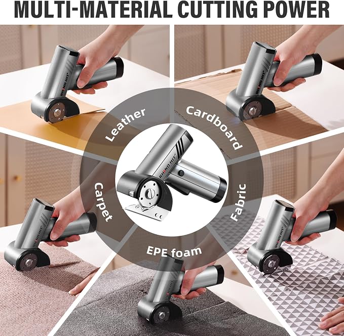 Cordless Electric Scissors, Rechargeable Rotary Cardboard Cutter with LED Light & Safety Lock, 4-Speed Adjustable, 3 Blades for Fabric, Carpet, Leather & Carton, with Storage Case(silver)