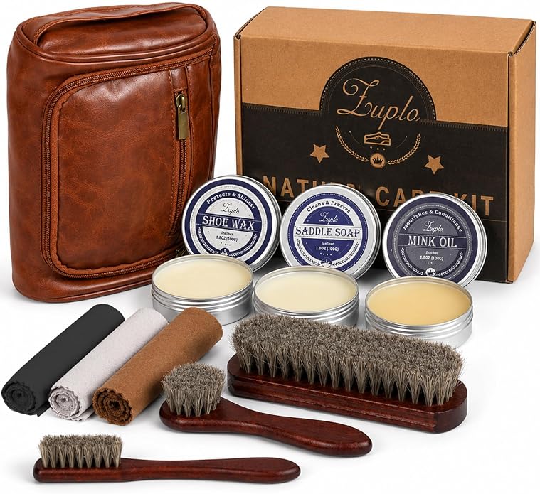 Leather Care Kit, 3.53 oz Saddle Soap, Mink Oil & Neutral Shoe Wax, Shoe Shine Kit with 3 Brushes, 3 Cloths & Bag