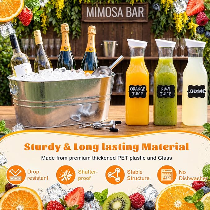 10 Pcs Ice Buckets Party Set for Mimosa Bar Wedding BBQ | Include 3 Gallon Galvanized Beverage Tub, 50oz Plastic Carafes with Lids, Ice Scoops Blackboard Sticker, Bottle Opener