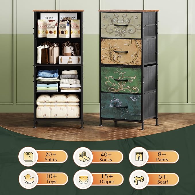WLIVE Small Dresser Nightstand for Bedroom, 4 Drawers, Floral | 4 vertical fabric drawers, Space-saving tower, Bedroom or closet use, Chest of drawers, Dresser for small spaces