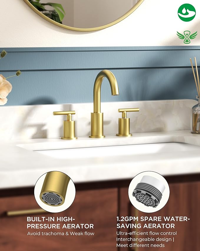 FORIOUS Brushed Gold Bathroom Faucet 3 Hole, 2 Handle 8 Inch Widespread Gold Sink Faucet Bathroom Vanity with 360 Degree Swivel Spout, with Pop Up Drain and cUPC Supply Line, for 6 to 12 in Sink