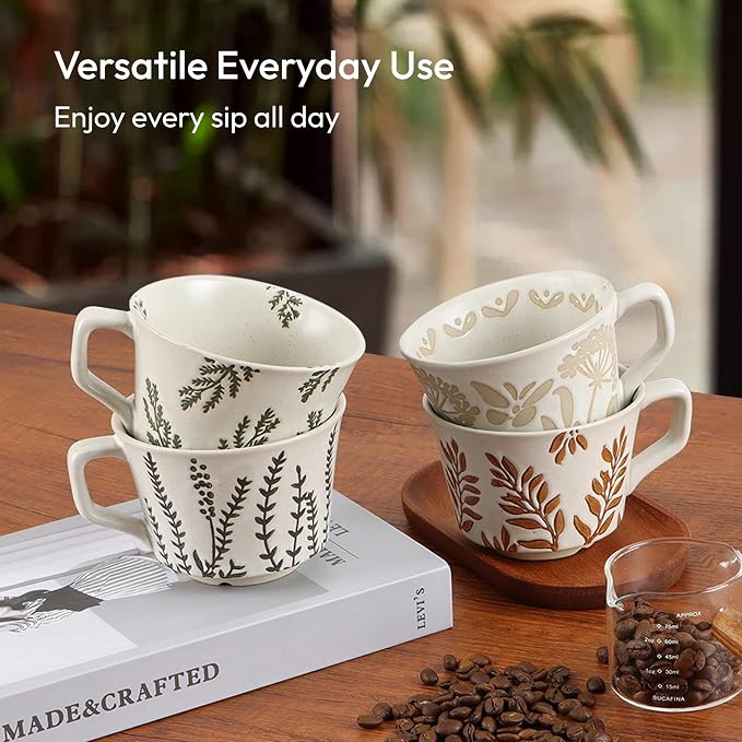 11 oz Ceramic Coffee Mug, Stoneware Teacup with Handle | Small Novelty Unique Cup for Tea Mocha Latte Cappuccino, Microwave Dishwasher Safe (Set of 4, Plants)