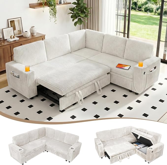 L Shaped Sectional Sleeper Sofa, Pull Out Couch with Storage, Beige | Pull Out Bed, 5 Seat Modular Design, Soft Corduroy Fabric, USB Charging, Cup Holders, Removable Covers, Easy Assembly