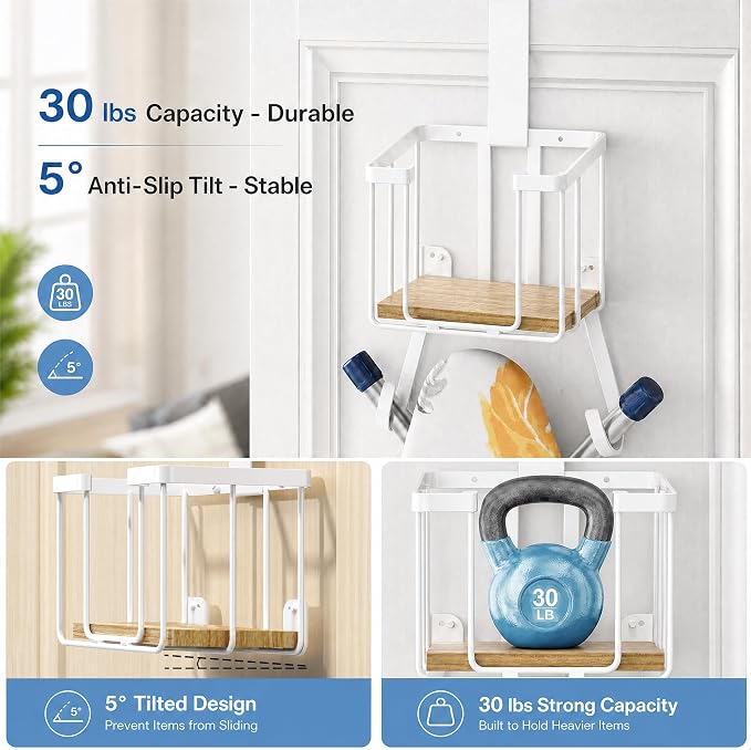 ORLESS Ironing Board Hanger Over Door & Wall Mount, White | 2 in 1 Heavy Duty Iron Board Holder with Storage Basket, Fits T/Y Boards, Laundry Room Space Saver
