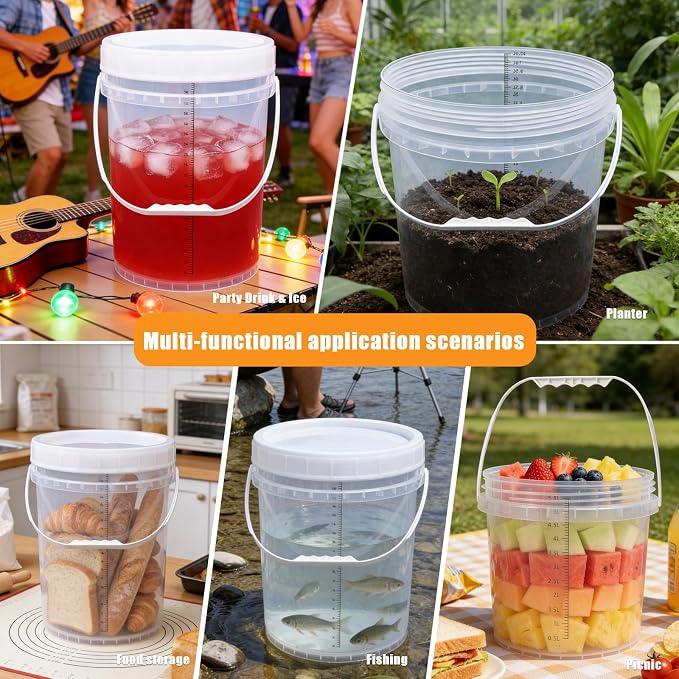 3 Pack 2.6 Gal & 1.3 Gallon Bucket with Lid, Clear Plastic Food Storage Containers, Food Grade Buckets with Lids for Ice Cream, Dog Food, Water, Large Quart Container with Handle