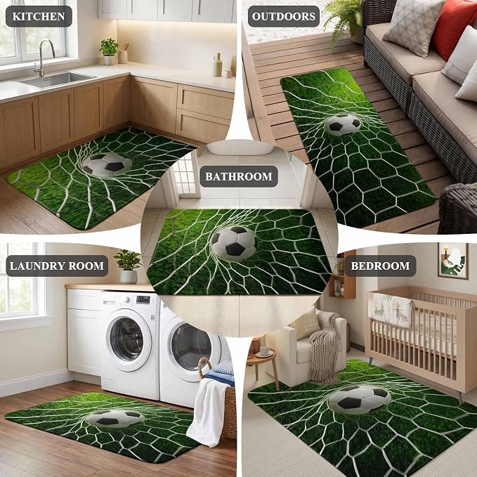 Soccer Washable Area Rugs for Living Room Bedroom, Large Non Slip Indoor Floor Carpet Absorbent Low Pile Goal Net Competitive Green Grass Athletic Door Mat Rugs for Bathroom Entryway 47.2"x63"