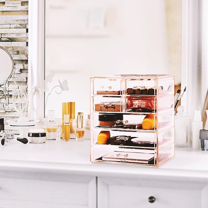 Sorbus Acrylic Makeup Organizer Set, 7-Drawer Vanity & Countertop Cosmetic Storage with Small & Wide Drawers, Pink Makeup Storage for Brushes, Lipsticks, Jewelry – Holiday Gift for Women & Teens