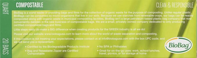 BioBag 100% Certified Compostable Resealable Food Storage Bags, 20 Count, Quart, Perfect for Refrigerator