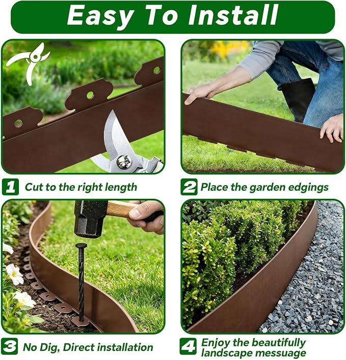 Garden Edging Border, 4In x 66 FT Landscape Edging with 100 Spikes, Brown | Plastic lawn edging, Tool-Free Installation, Flexible Landscaping Edging for Garden Flower Beds Yard Lawn Pathway Paver