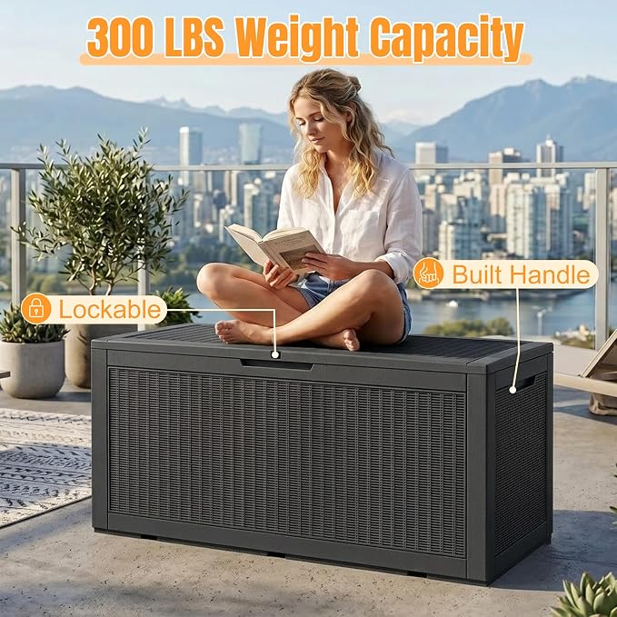Outdoor Storage Box, 170 Gallon Waterproof Resin Deck Box with Support Rod | UV Resistant Lockable Package Delivery Bin, Shoe, Patio & Garden Tools Storage, Toy Cabinet, Ottoman, Indoor/Outdoor