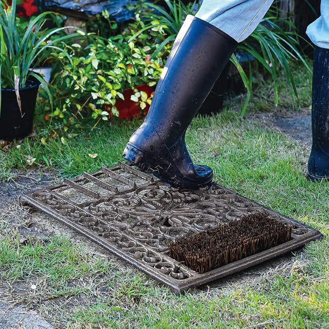 Sungmor Outdoor Cast Iron Doormat, Vintage Boot Scraper with Brushes, Rustic Brown Rectangle Shoe Scraper Mat, 22.8" Heavy Duty Decorative Shoe Cleaning Mat for Front Door, Entrance, Garden
