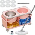 Mop and Bucket Set with Clean & Dirty Water Separation, Spin Mop with 360° Wheels & Drain, 6 Microfiber Heads,Adjustable Handle for Pet Owners, Kitchen, Bathroom, Hardwood & Tile Floors - Pink
