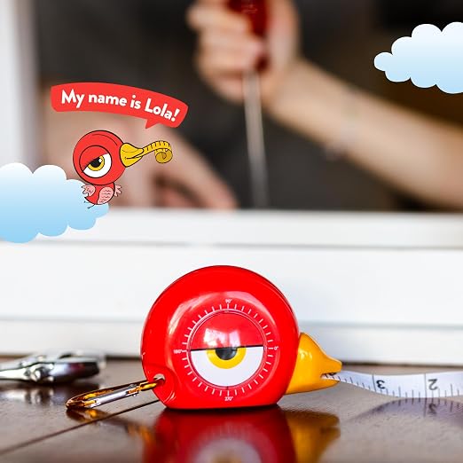 Handy Famm Kids Tape Measure – 8ft Red Bird Retractable Measuring Tape with Level & Protractor, STEM Montessori Tool, Toddler Safe, Gift for Boys & Girls Ages 3+