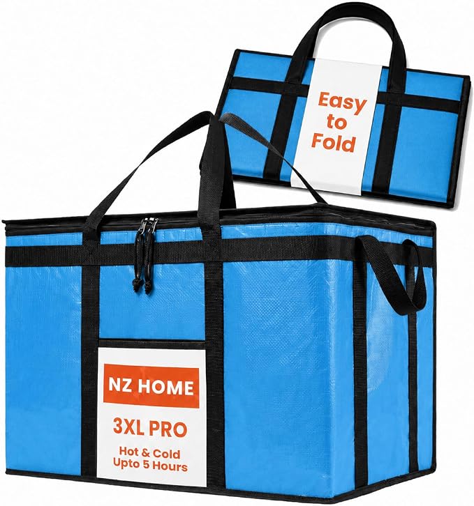 PRO Large Insulated Food Delivery Bag (3XL, Blue, 1 Pack) | Thermal bag, For cold & hot food, Water-resistant, Portable cooler, Soft sided catering tote, Grocery bag with zippered top