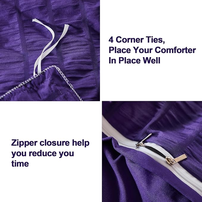 AveLom Seersucker Duvet Cover Set Queen Size (90 x 90 inches), 3 Pieces (1 Duvet Cover, 2 Pillow Cases), Dark Purple Ultra Soft Washed Microfiber, Textured Duvet Cover with Zipper Closure, Corner Ties