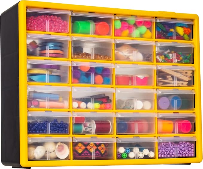 Akro-Mils 24-Drawer Plastic Drawer Storage Cabinet for Garage Organization, Bead Organizer, Building Bricks Storage, Teacher Toolbox, Makeup Organizer, 20-Inch W x 6-Inch D x 16-Inch H, 10124 Yellow