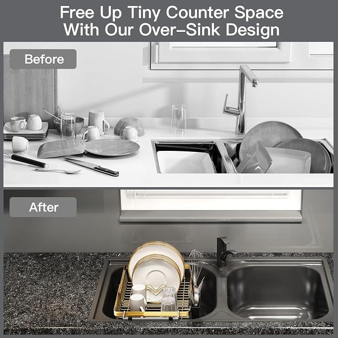 Gold Dish Drying Rack Over The Sink with Utensil Holder, Mat | Expandable Stainless Steel Dish Drainer for Small Kitchen, Apartment, RV, Counter Space Saving, Perfect Fit, Rustproof
