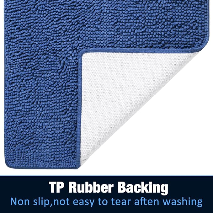 LOCHAS Luxury Bathroom Rug Shaggy Bath Mat 24 x 36 Inch, Blue | Washable Non Slip Bath Rugs for Bathroom Shower, Soft Plush Chenille Absorbent Carpets