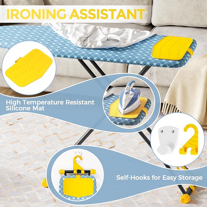 APEXCHASER Ironing Board with Iron Rest, Compact and Space Saver Iron Board, Extra Thick Cover, Height Adjustable, Wall Mount & Closet Hanger 13x43 Yellow