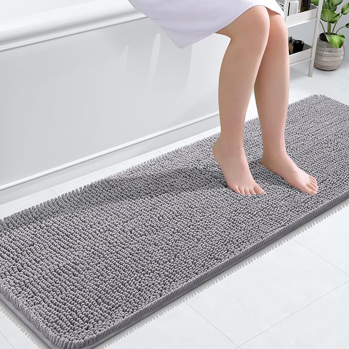 OLANLY Bathroom Runner Rugs 59x20, Extra Soft Absorbent Chenille Bath Rugs, Rubber Backing Quick Dry, Machine Washable Long Bath Mats for Bathroom Floor, Tub and Shower, Home Decor Accessories, Grey