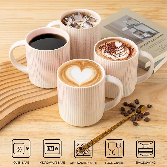 theterra Ceramic Coffee Mugs Set of 6, 14.2oz Handmade Coffee Cups with Handle for Latte, Tea, Milk, Beer, Hot Cocoa, Primrose Pink