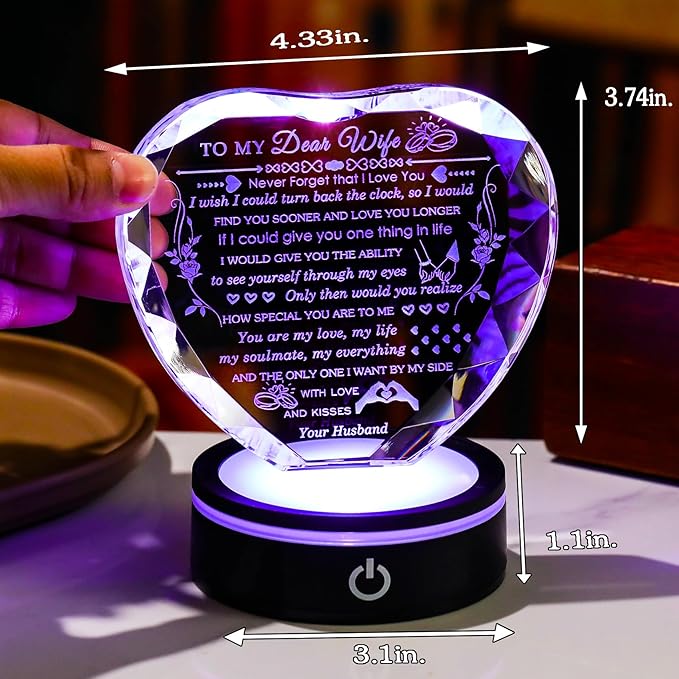 Arikyrist Gifts for Wife with Colorful LED Base Romantic Wife Anniversary Birthday Gift Ideas Crystal Heart to My Wife Gifts from Husband on Valentine's Day Christmas Mother's Day