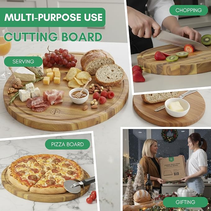 Round Acacia Wood Cutting Boards for Kitchen, 1.5 in Thick Butcher Block Construction for Stability, 12 x 12 in Round Cutting Boards with Gift Box, Juice Groove and Handle