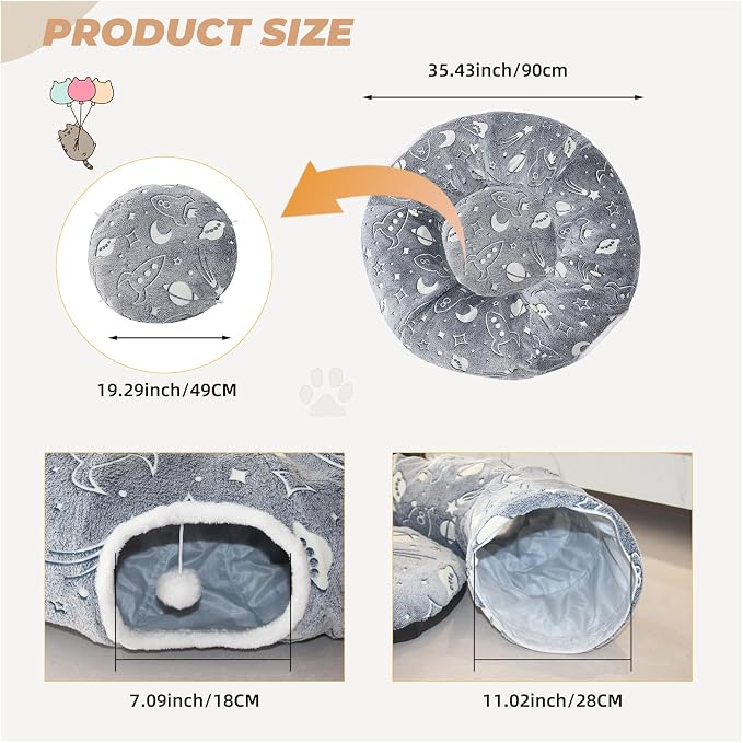 Large Cat Tunnels Bed Tube for Indoor Cats Under Christmas Tree Glows in The Dark Cat Tunnel with Cushion and Plush Ball Toy Longer Playground Toys for Dog Puppy Kitten Pet Gray