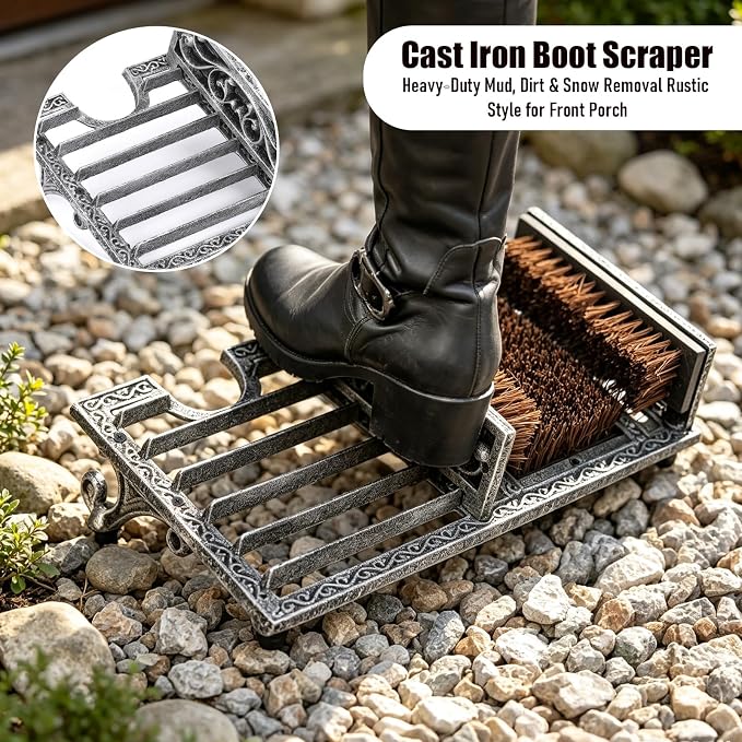 Heavy Duty Outdoor Boot Scrubber with Heel Remover | Vintage Sliver Cast Iron Boot Brush Scraper for Porch Garage Entrywa | Boot Cleaning Tool for Muddy Shoes