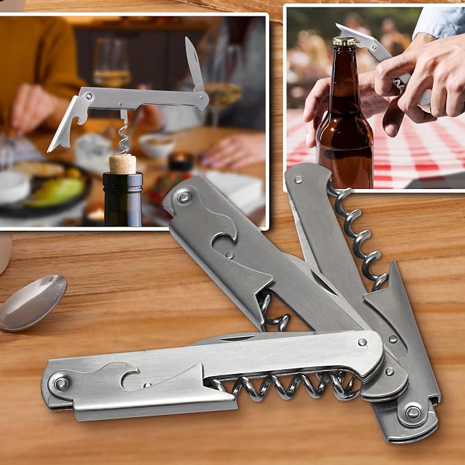 10 Valencia Stainless Steel Wine Bottle Openers Set - Corkscrew, Serrated knife, Perfect for Bars - Silver
