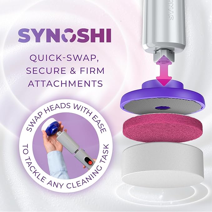 Synoshi PRO Electric Spin Scrubber & Magic Melamine Sponge Heads (3 Units), Bathroom and Shower Scrubber, Kitchen Cleaning, Adjustable Angles, 2 Speed