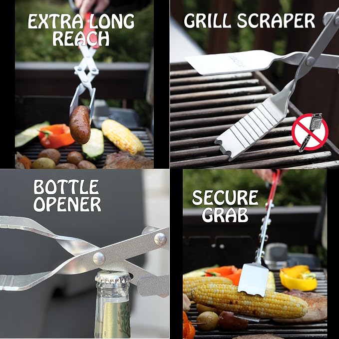 3-in-1 Barbecue Tool 26-inch Extra Light and Super Long Heavy Duty Tongs, Spatula and Grill Scraper (Red) – Longest BBQ Tool Ever!
