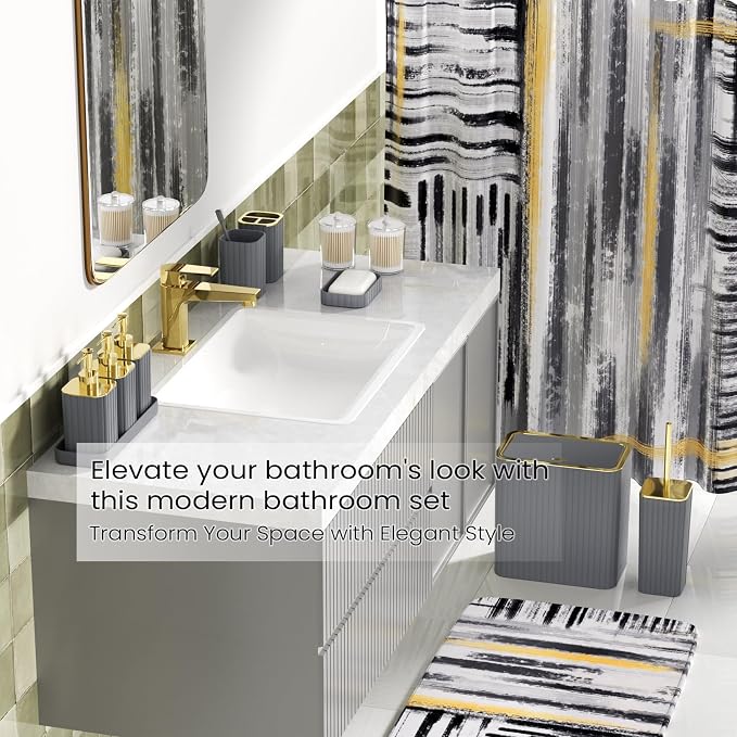 Bathroom Set - Bathroom Accessory Set, Grey Bathroom Set, 26PC Bathroom Sets with Shower Curtain and Rugs, Toilet Brush, Trash Can, Qtip Holder & Bathroom Soap Dispenser Set
