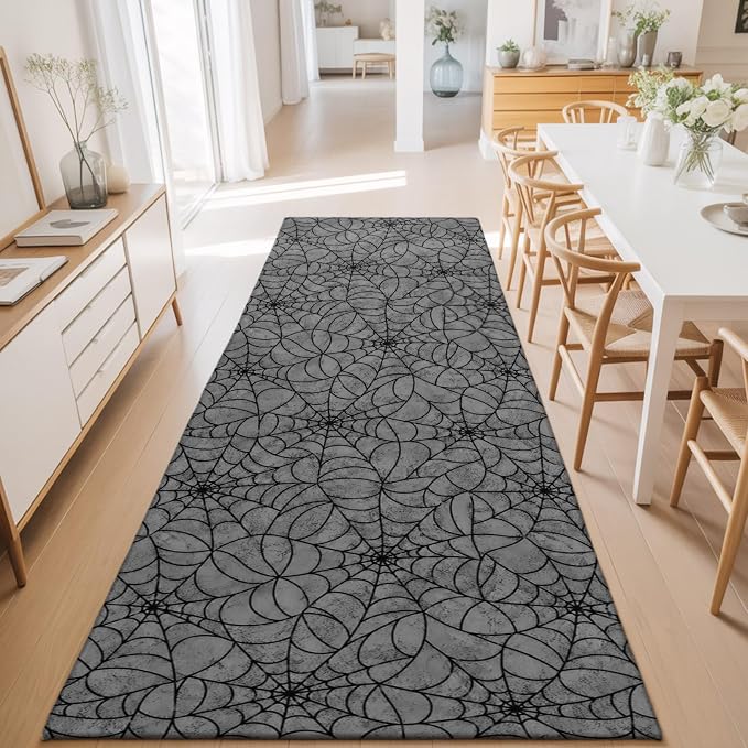 Hallway Runner Rug 2'x6', Grey Halloween Washable Bathroom Area Rugs for Kitchen Bedroom Laundry, Black Spiders Net Classic Gingham Non Slip Door Mat Indoor Entrance Floor Throw Bedsides Carpet