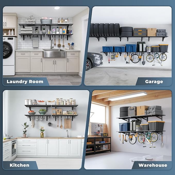 Jusgym 2-Pack 2x3ft Garage Shelving Wall Mounted, 2' x 3' Heavy Duty Garage Storage Shelves with Hooks, 500LB Capacity