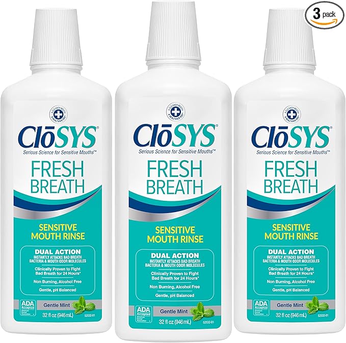 CloSYS Mouthwash, 32 Ounce, 3 Count, Fresh Breath Mouthwash, Gentle Mint, Alcohol Free, Dye Free, pH Balanced Mouth Wash, Helps Soothe Entire Mouth, Fights Bad Breath