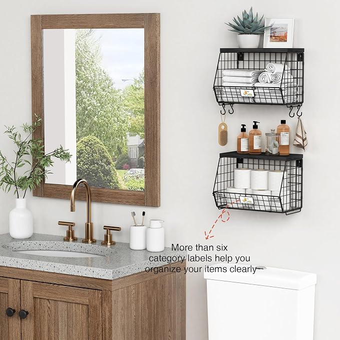 Goozii Black Kitchen Wall Hanging Storage Basket Set of 2, Rustic Stackable Kitchen Counter Fruit Organizer, Wire Baskets Container for Veggie, Garlic, Produce, Onion and Potato (Black Shelf)