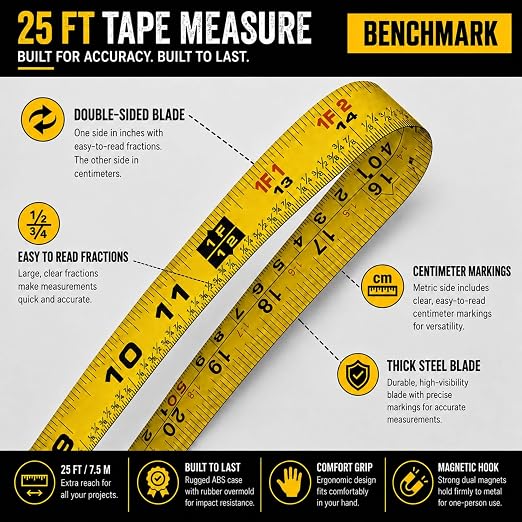 6 Pack - Tape Measures 25 ft / 7.5m – Dual Sided Blade with Easy Read Fractions to 1/8th inch Plus Centimeters on Back Side - Magnetic Tip - Thumb Lock - Belt Clip – Retractable Measuring Tape