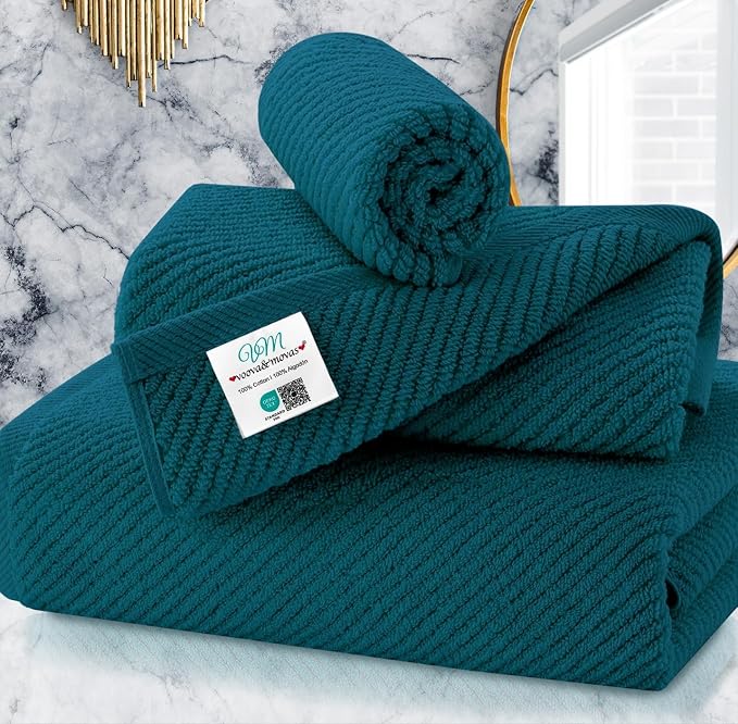 VOOVA & MOVAS 3PC Towel Set, 100% Cotton, Deep Turquoise | 1 Large Bath 30x56 In, 1 Hand 18x28 In, 1 Wash Cloth 13x13 In, Quick Dry, Soft, Thick, Bathroom Essentials