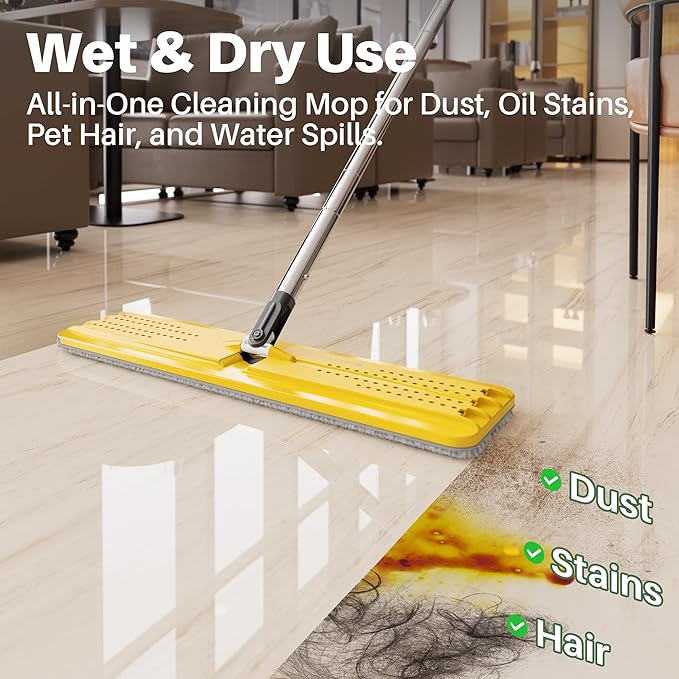 JOYMOOP Industrial Mop and Bucket Set, 17.7-inch Dust Mops for Floor Cleaning, Flat Mop Bucket with Wringer, Include 3 Reusable Microfiber Mop Pads - Yellow