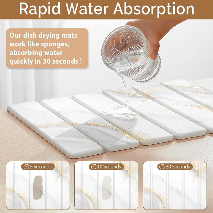 Small Stone Dish Drying Mat for Kitchen Counter, 15.7"×12" & 8"x4" Quick Dry Stone Mats, Foldable Water Absorbing Diatomaceous Earth Drying Dish Pad for Countertop Bottles Utensils Cup(Gold White)