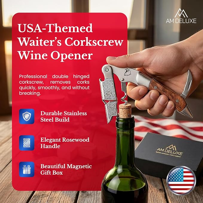 Patriotic Wine Bottle Opener Set: Professional Waiters Corkscrew Wine Opener & Wine Bottle Stopper - Double-Hinged Stainless Steel & Rosewood. 2-Piece Wine Accessories Gift Set
