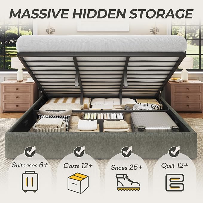 HISOFT Queen Size Lift Up Storage Bed Frame, Linen Upholstered Platform Bed with Wingback Headboard, Heavy Duty Hydraulic Gas Lift Underbed Space, Reinforced Full Metal Slats, Noise Free, Grey