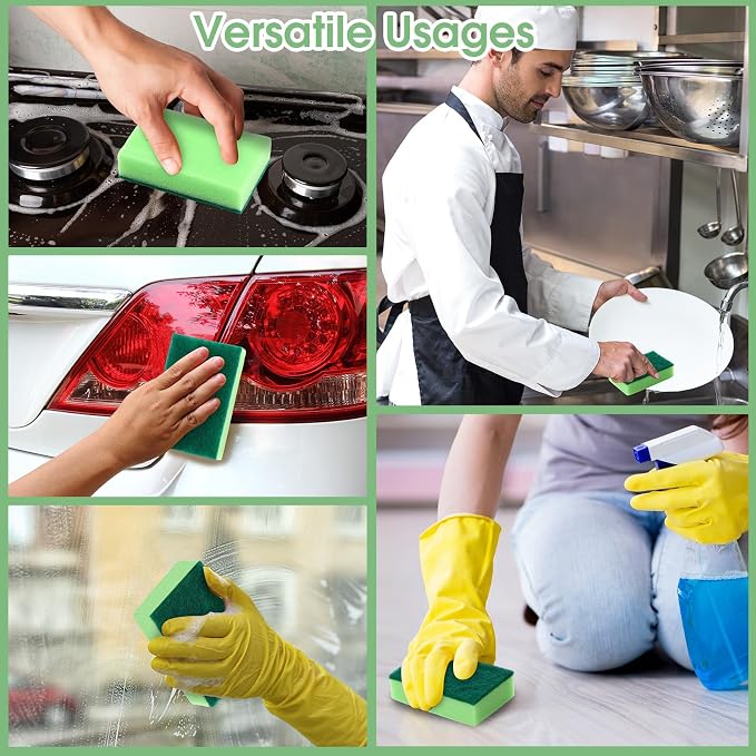 Tioncy 100 Pcs Individually Wrapped Sponges Bulk Kitchen Green Non Scratch Scrub Sponges Dual Sided Cleaning Scrubber for Household Washing Dishes, Pots, Pans, Sinks, Stoves, Appliances, Car, Bike