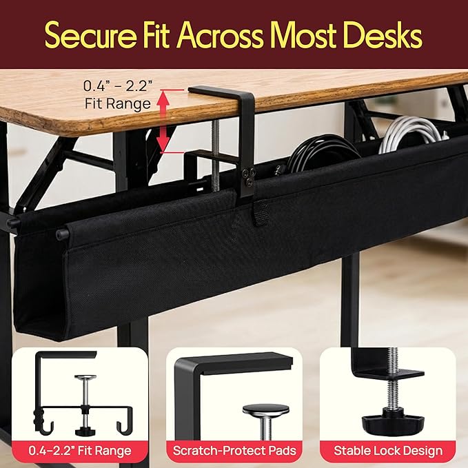 Pyle 48" Under Desk Cable Management Tray, Under Desk Wire Organizer with Clamp or Screw Mount, Desk Cable Organizer with Fabric Design for Large Workstations, Built-in Ties, 20 lb Capacity, Black