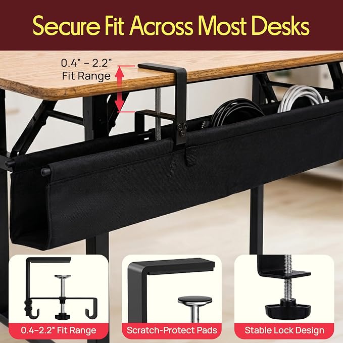 Pyle 36" Under Desk Cable Management Tray, Under Desk Wire Organizer with Clamp or Screw Mount, Desk Cable Organizer with Fabric Design for Large Workstations, Built-in Ties, 20 lb Capacity, Black