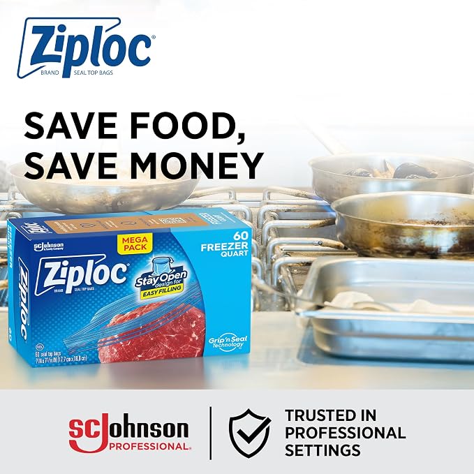 SC Johnson Professional Ziploc Quart Food Storage Freezer Bags, 9 Boxes x 60 Count, 540 Total Bags