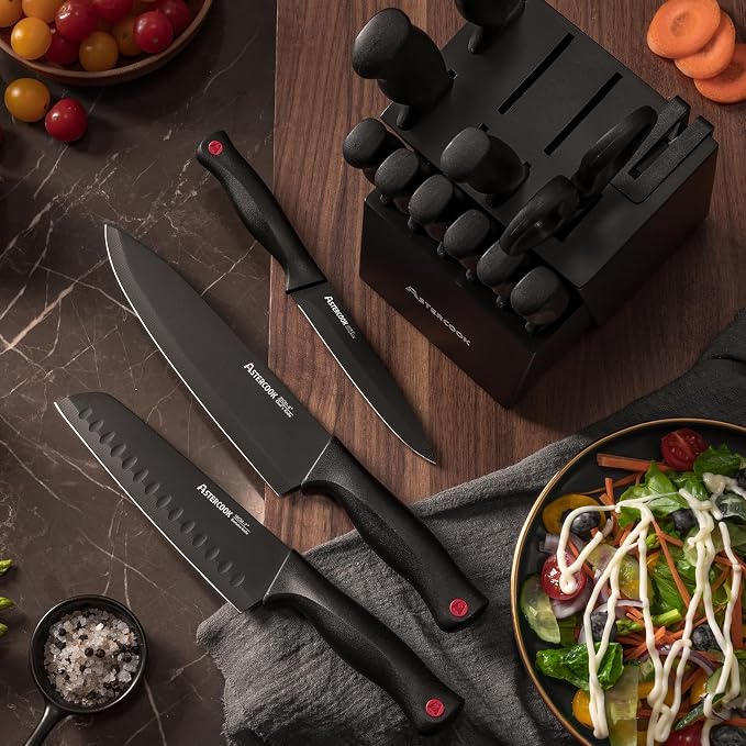Knife Set, Astercook 15 Pieces Knife Sets for Kitchen with Block, Dishwasher Safe Kitchen Knife Set with Built in Sharpener Block, German Stainless Steel Kitchen Utensils Set